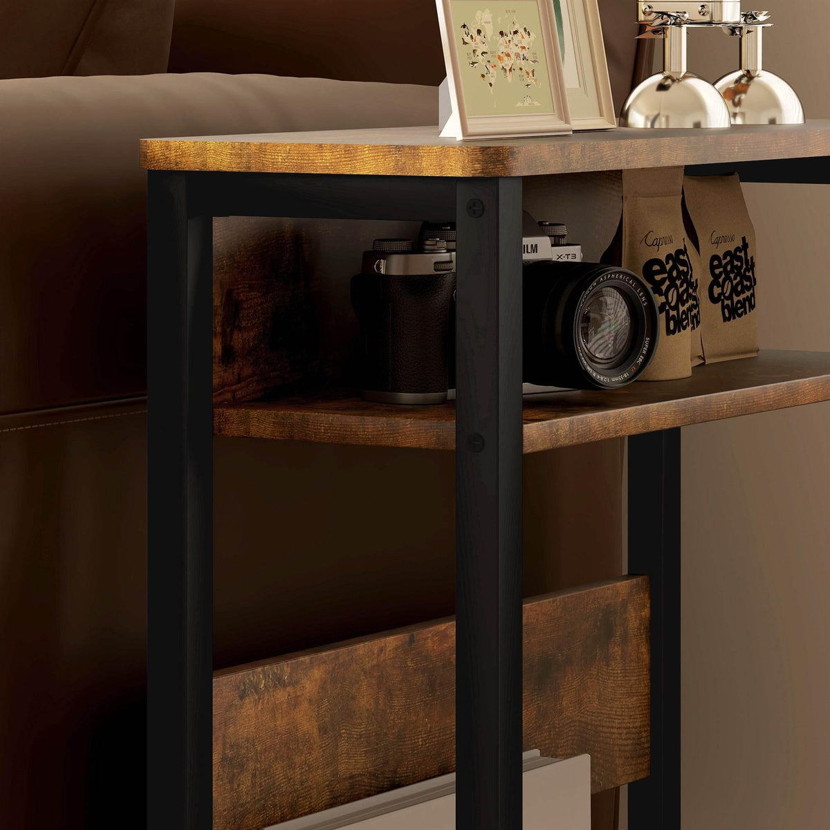 Rustic industrial side table with two open shelves and weathered wood panels, black legs