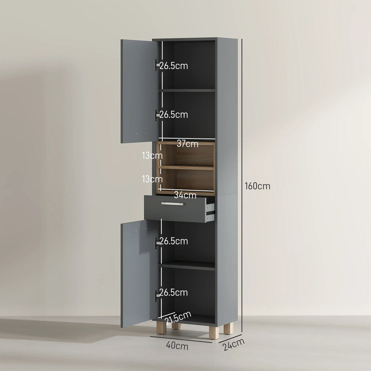 Tall bathroom cabinet in matte grey, with open niches, shelf and drawers