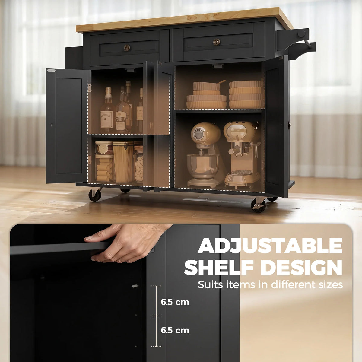 Black rolling kitchen island cart with rubberwood top, drawers, and open cabinet shelves