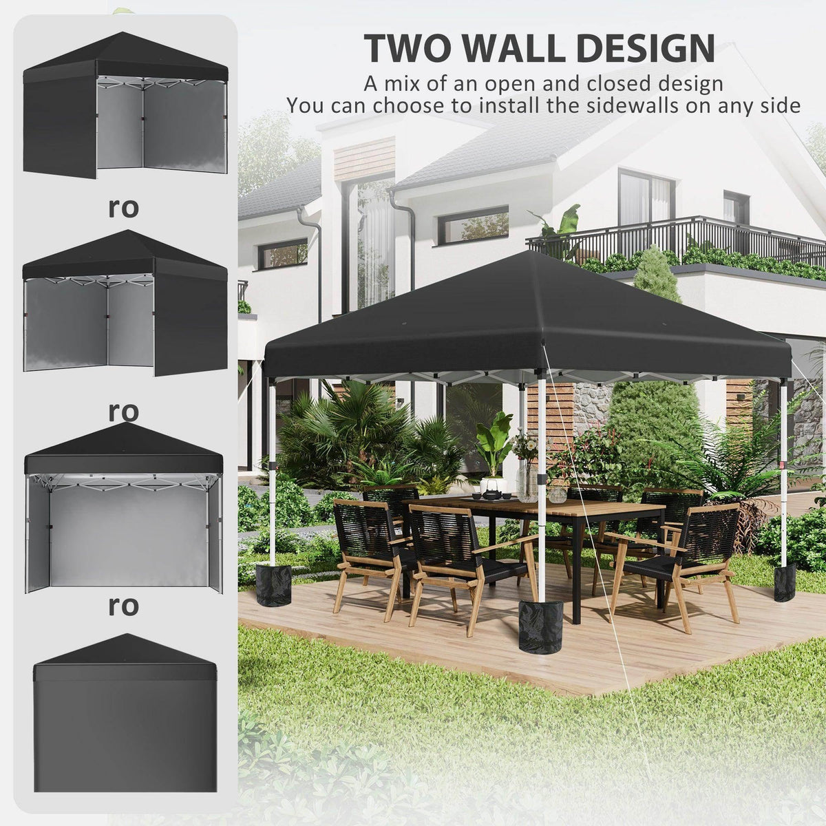 Black pop-up gazebo with removable two-side wall design shown from multiple views