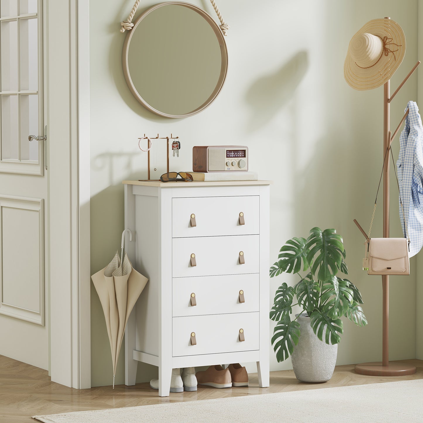 HOMCOM 4 Drawer Chest Of Drawers White With PU Leather Handles And Metal Runners 60 X 40 X 98 Cm Bedroom Furniture