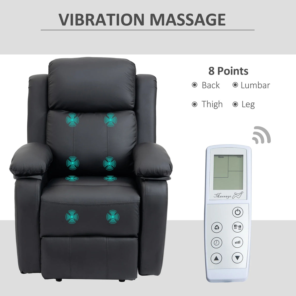 Black vibration massage power lift recliner with remote control and padded seat back