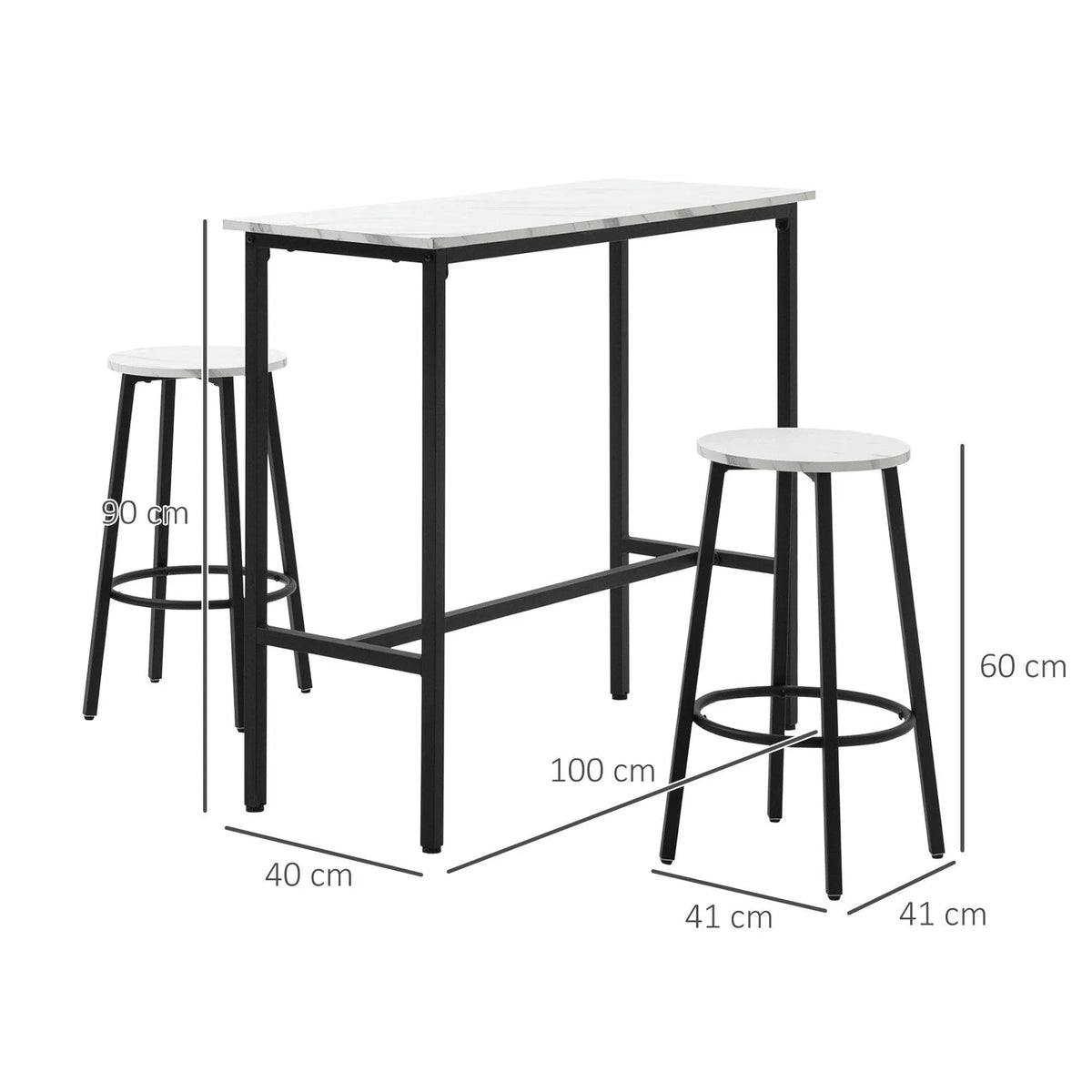 Bar table set with white marble-effect tabletop and two round stools, black frames