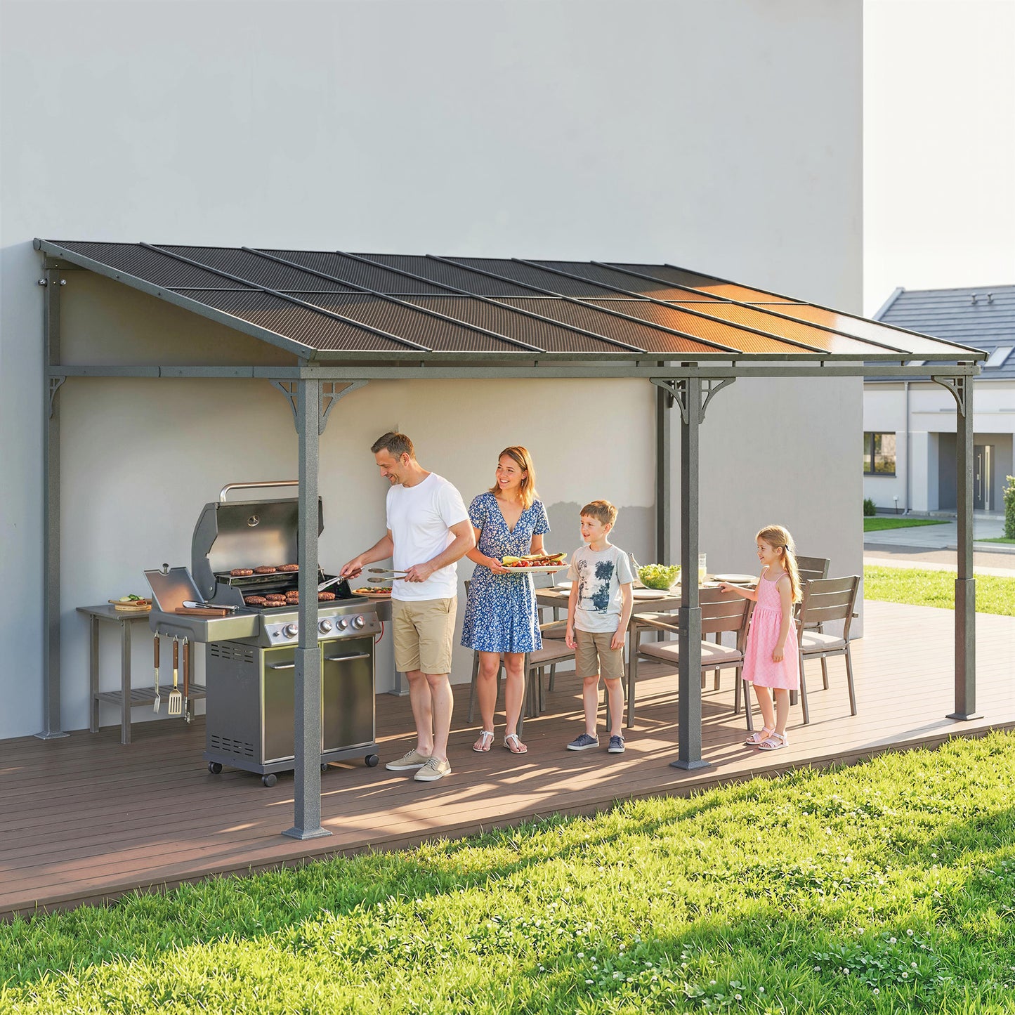 Outsunny 4 x 3 m Metal Lean To Pergola With Polycarbonate Roof Wall Mounted Garden Gazebo Brown