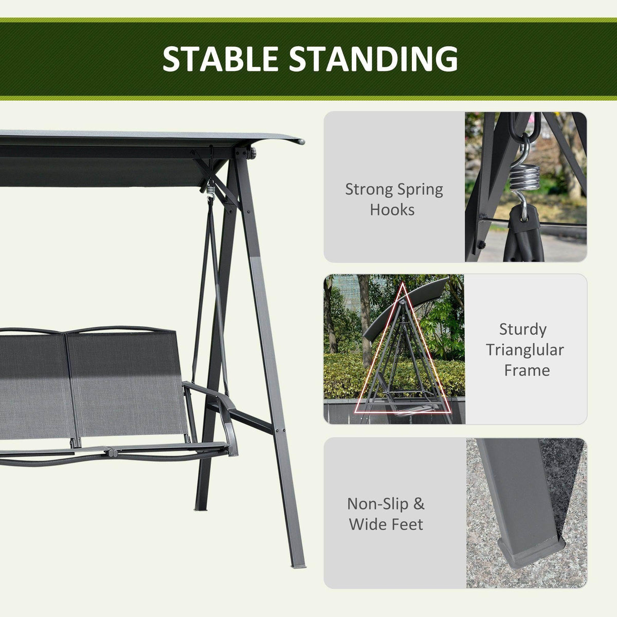 Grey swing bench with sturdy A-frame stand, spring hooks, and non-slip base feet