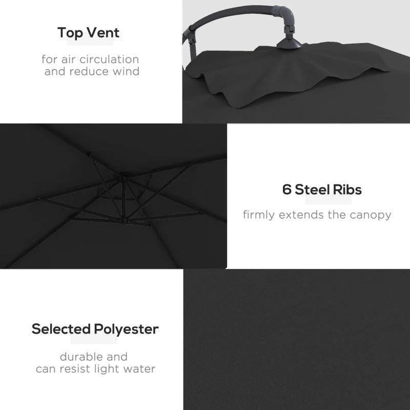 Black rectangular patio parasol canopy with top vent and reinforced steel ribs