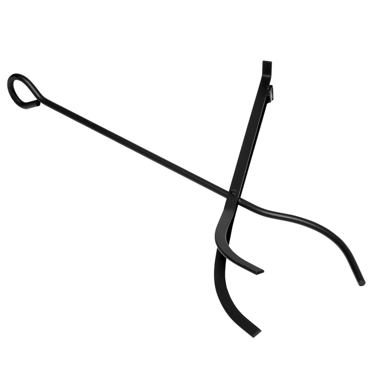 Black fireplace shovel tool with long handle and curved blade