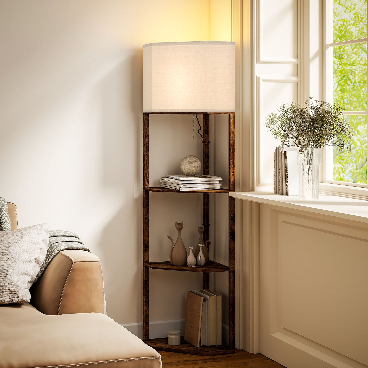 HOMCOM Corner Floor Lamp With Shelves Triangle Wood Effect Design Pull Chain Top Light Soft Fabric Shade