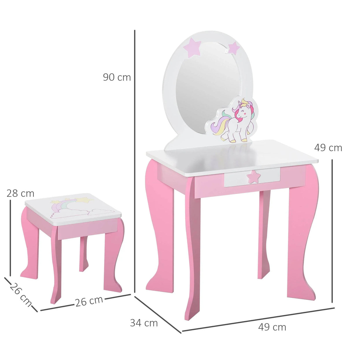Kids unicorn vanity table and stool with oval mirror, size diagram view