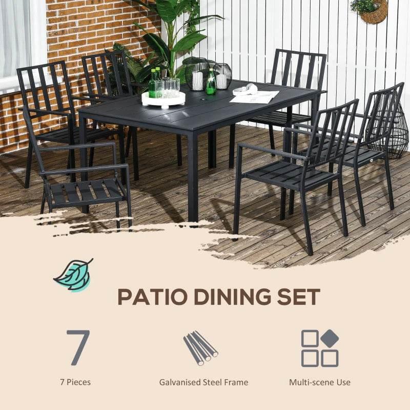 Seven-piece black patio dining set with rectangular table and six chairs