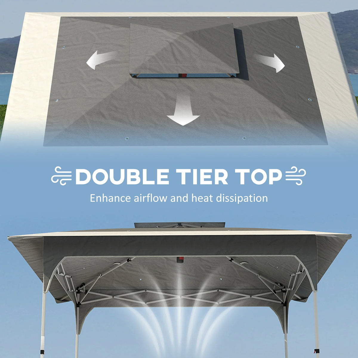 Double-tier gazebo canopy top with gray fabric and vented airflow design, close-up