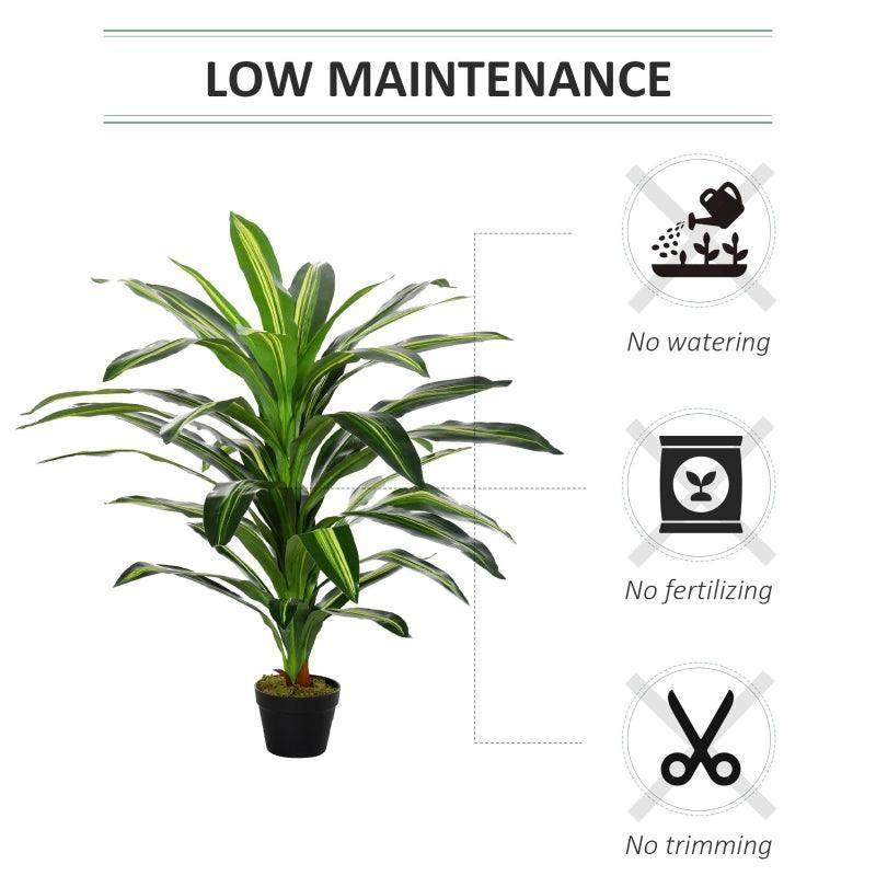 Artificial dracaena tree with layered green leaves in a black pot