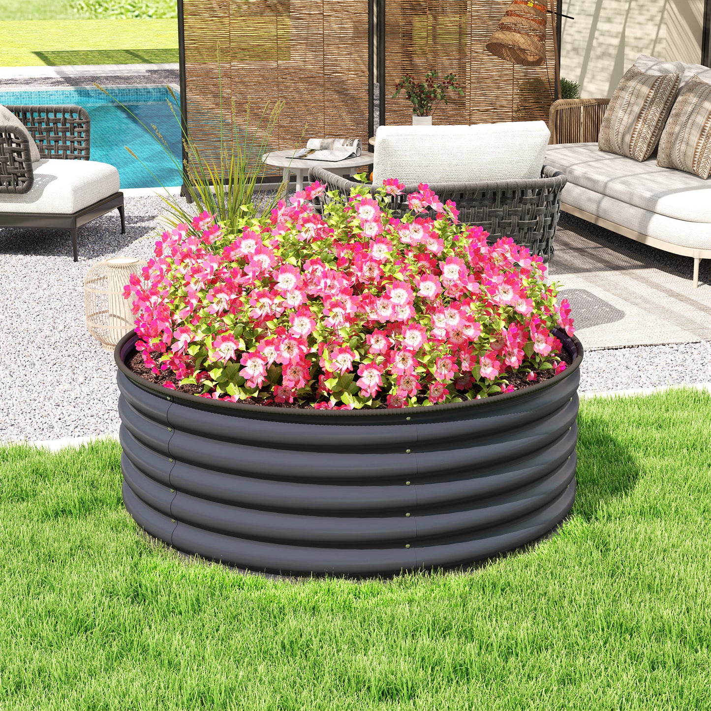 Outsunny Galvanised Raised Garden Bed With Safety Edging And Gloves Outdoor Planter Box 120 x 120 x 43cm Dark Grey