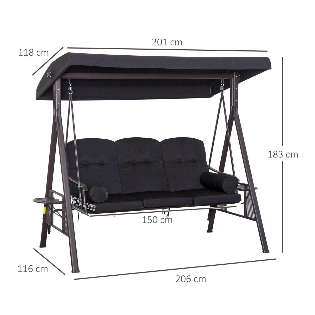 Black 3-seat patio swing bench with adjustable canopy and tufted back cushions