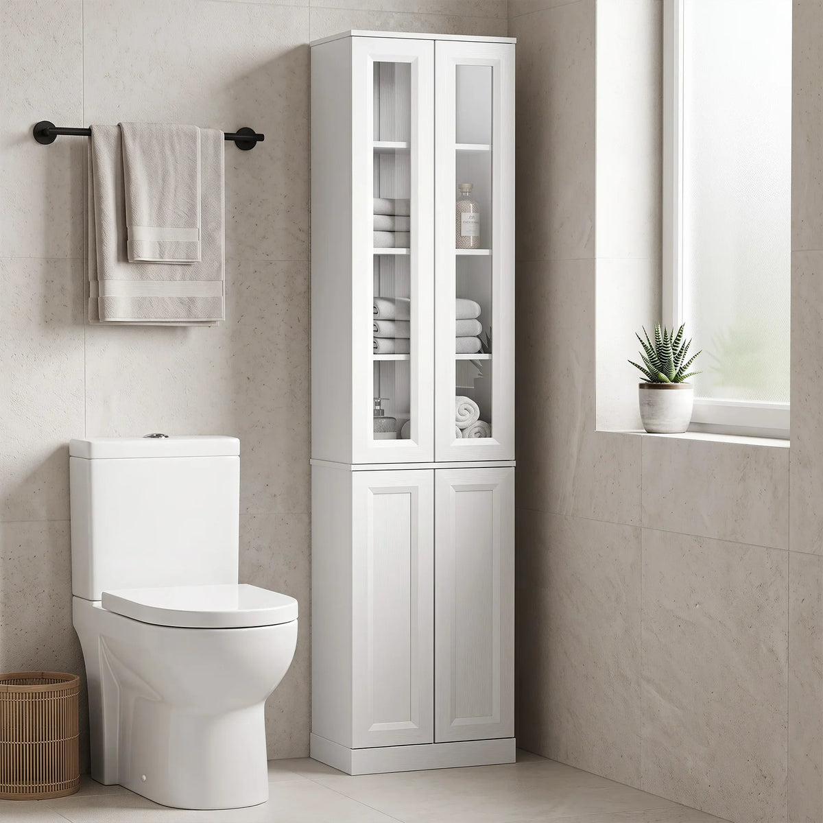 White slim tall bathroom cabinet with double doors and built-in shelving, closed