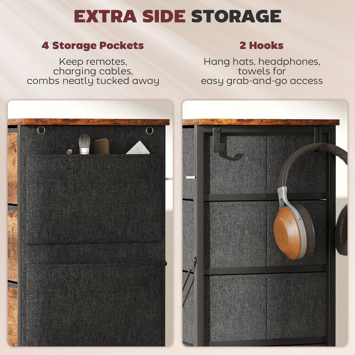 Five-drawer fabric chest with side storage pockets and hanging hooks for small items