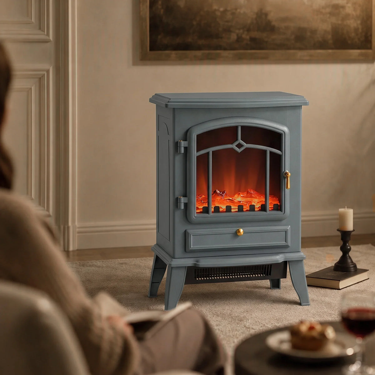 Grey electric fireplace stove heater with LED flames, compact front design