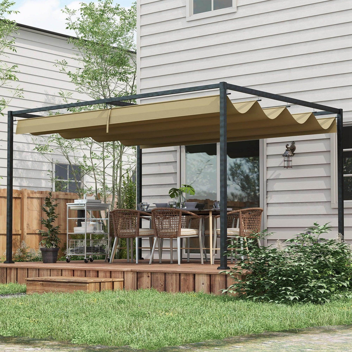 Outdoor metal pergola with retractable khaki canopy roof over patio seating