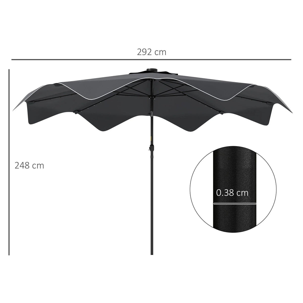 Dark grey square patio umbrella with scalloped canopy and central pole