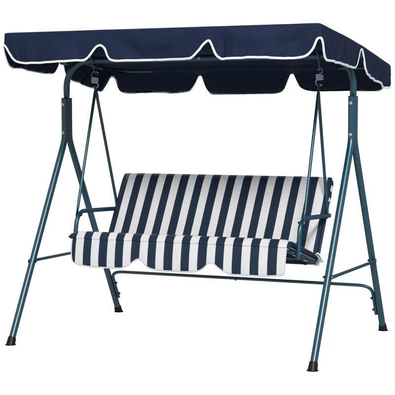 3-seat swing chair with blue striped seat cushion, dark canopy, and side swing arms