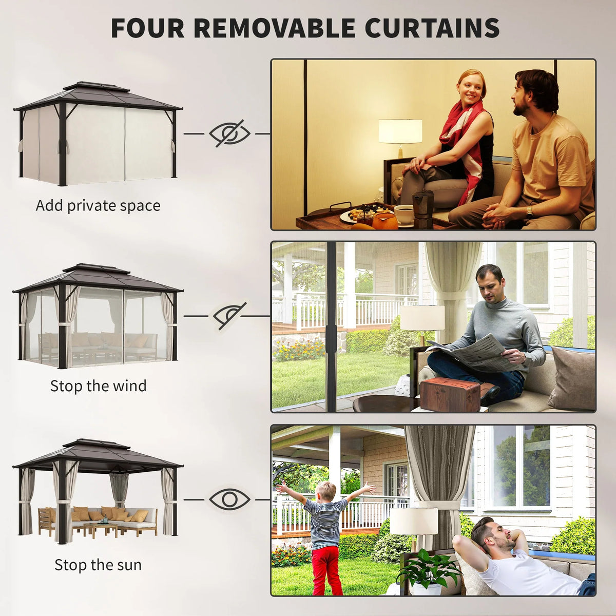 Hardtop gazebo with four removable beige curtains for privacy on the patio