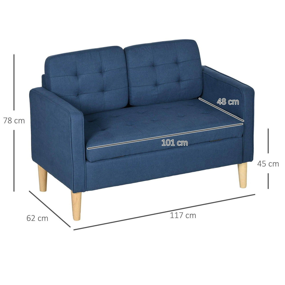 Blue compact loveseat sofa with tufted back and padded arms, front view