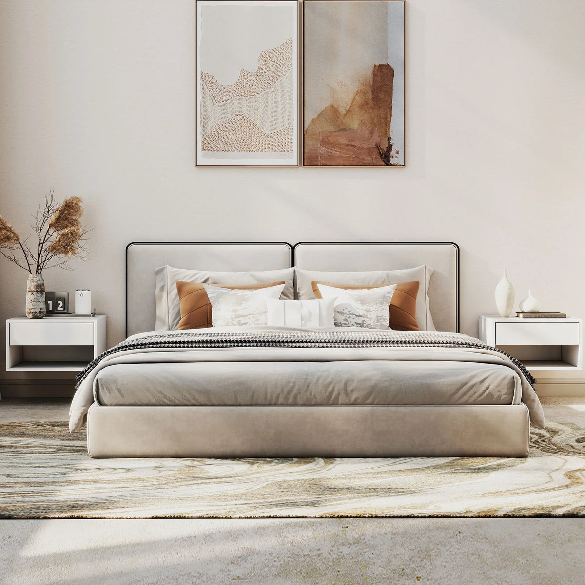 White floating bedside tables set of two with drawer and open shelf behind the bed
