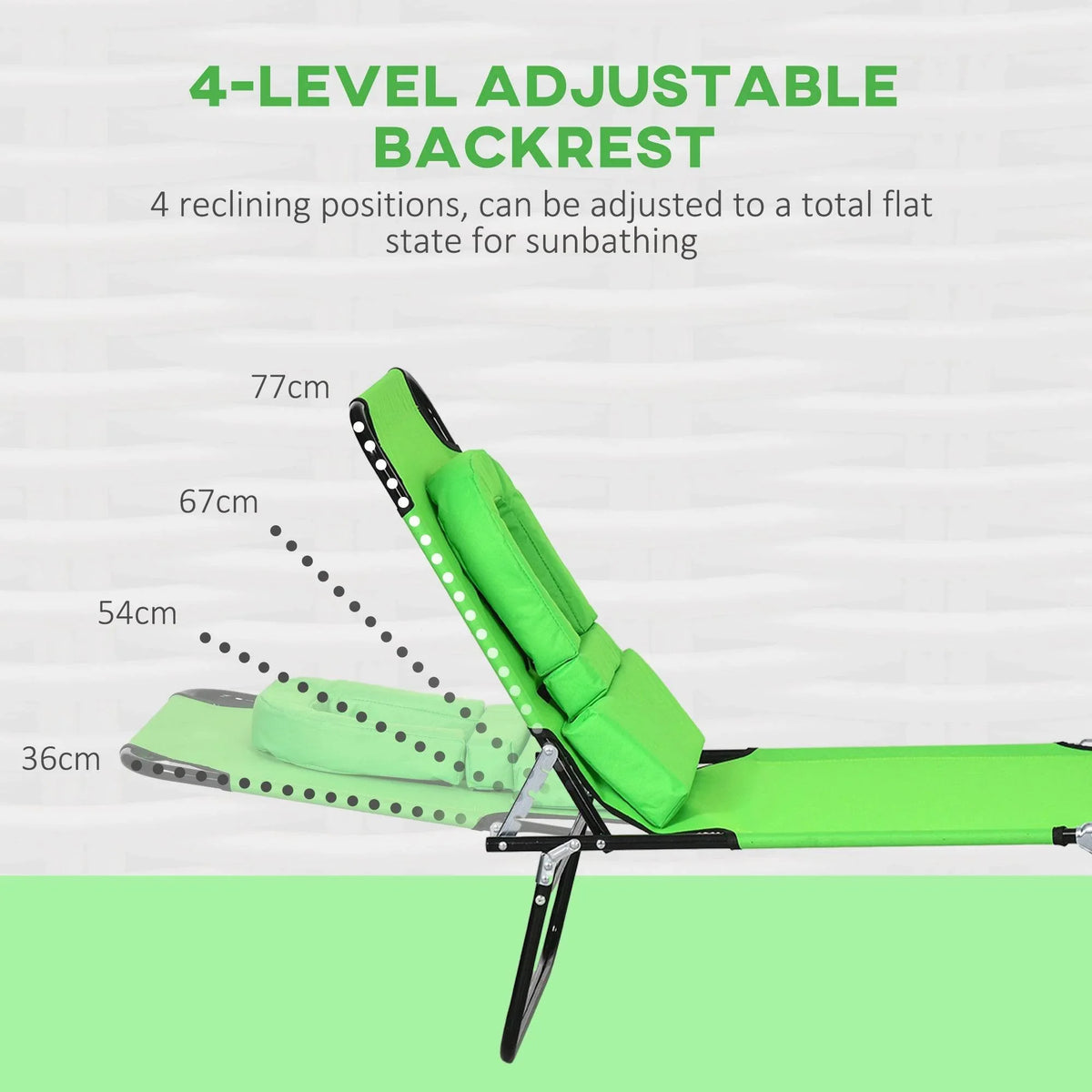 Green folding sun lounger with multi-position adjustable backrest and pillow insert