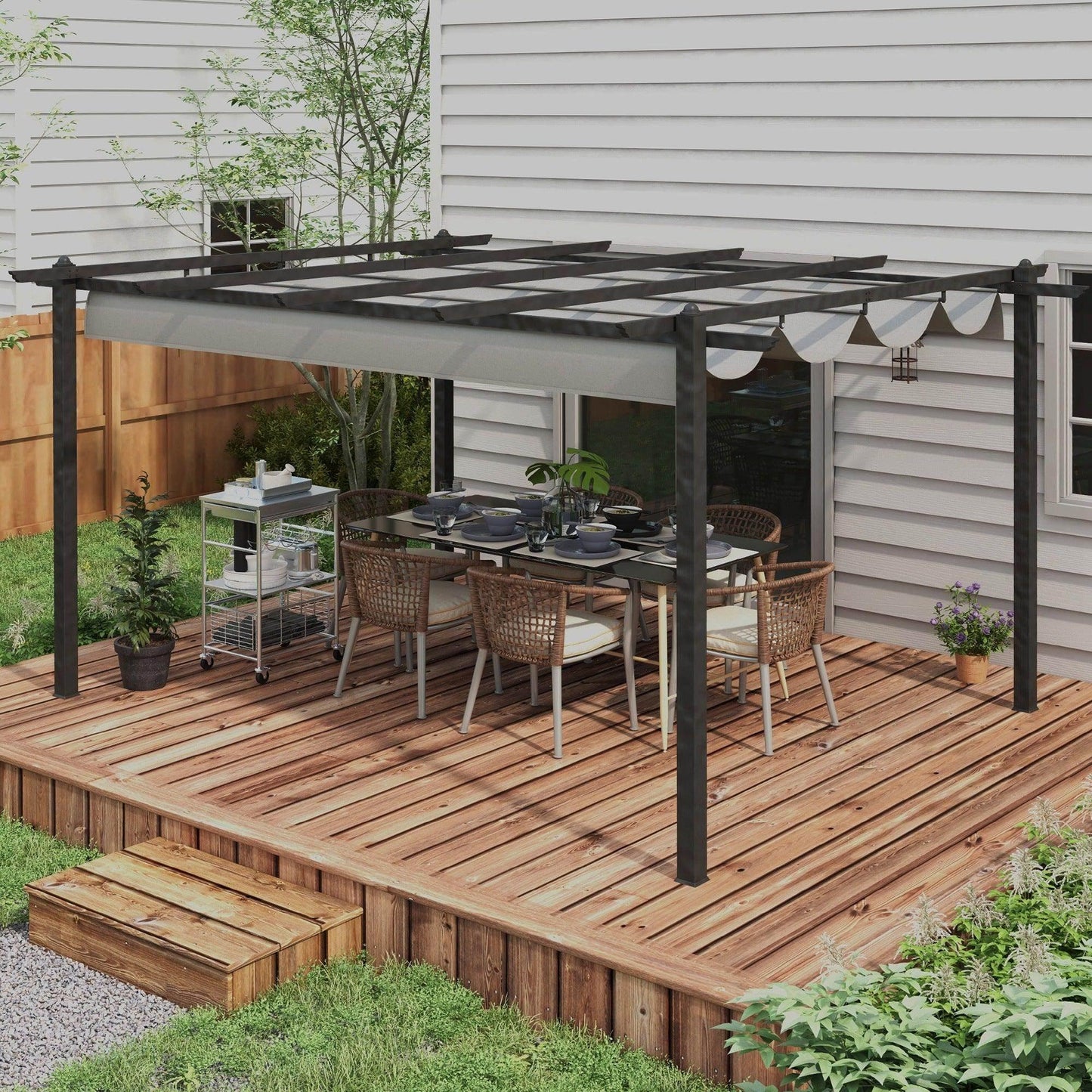 Outsunny 4 x 3(m) Aluminium Pergola with Retractable Roof, Garden Gazebo Canopy Shelter for Outdoor, Patio, Grey - ALL4U RETAILER LTD