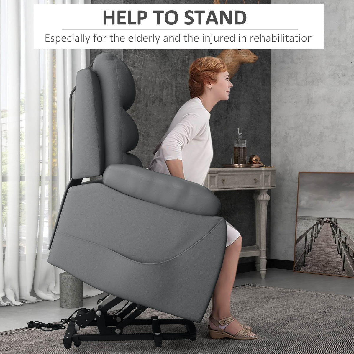 Gray power lift recliner chair with lifted backrest and extended footrest support