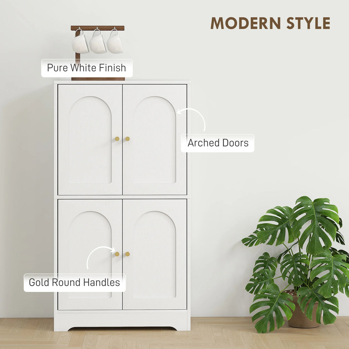 White 4-door cabinet with arched doors; gold round handles, modern panel design