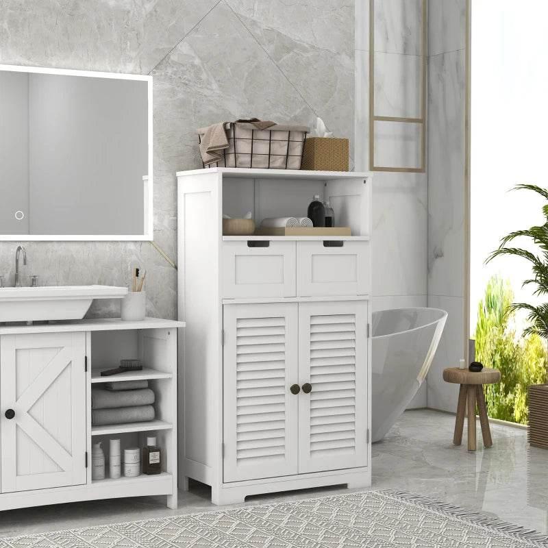Kleankin white bathroom storage unit with open shelf, two drawers, and louver doors