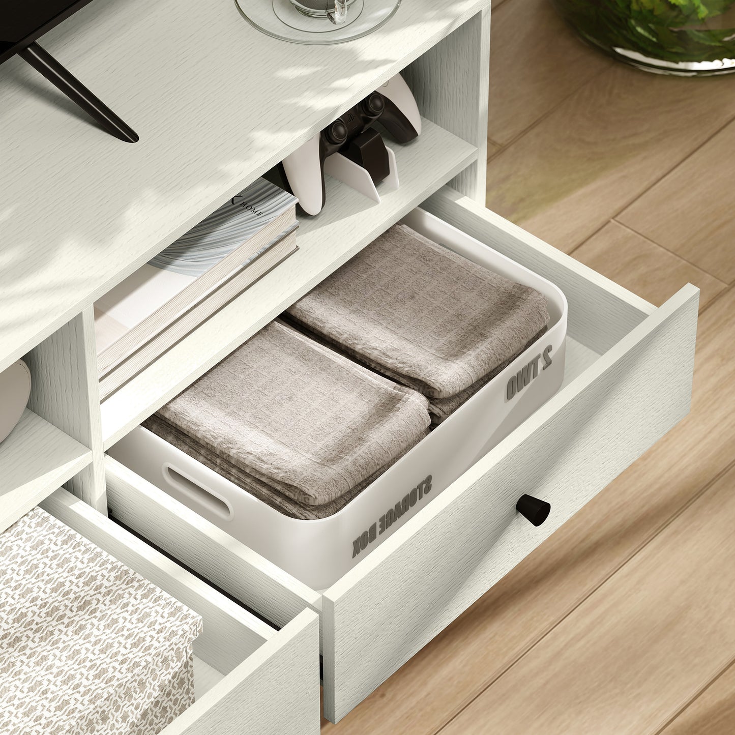 HOMCOM Cream White Multi Storage TV Stand With Three Shelves And Three Drawers Cable Management Up To 75 Inch Screen