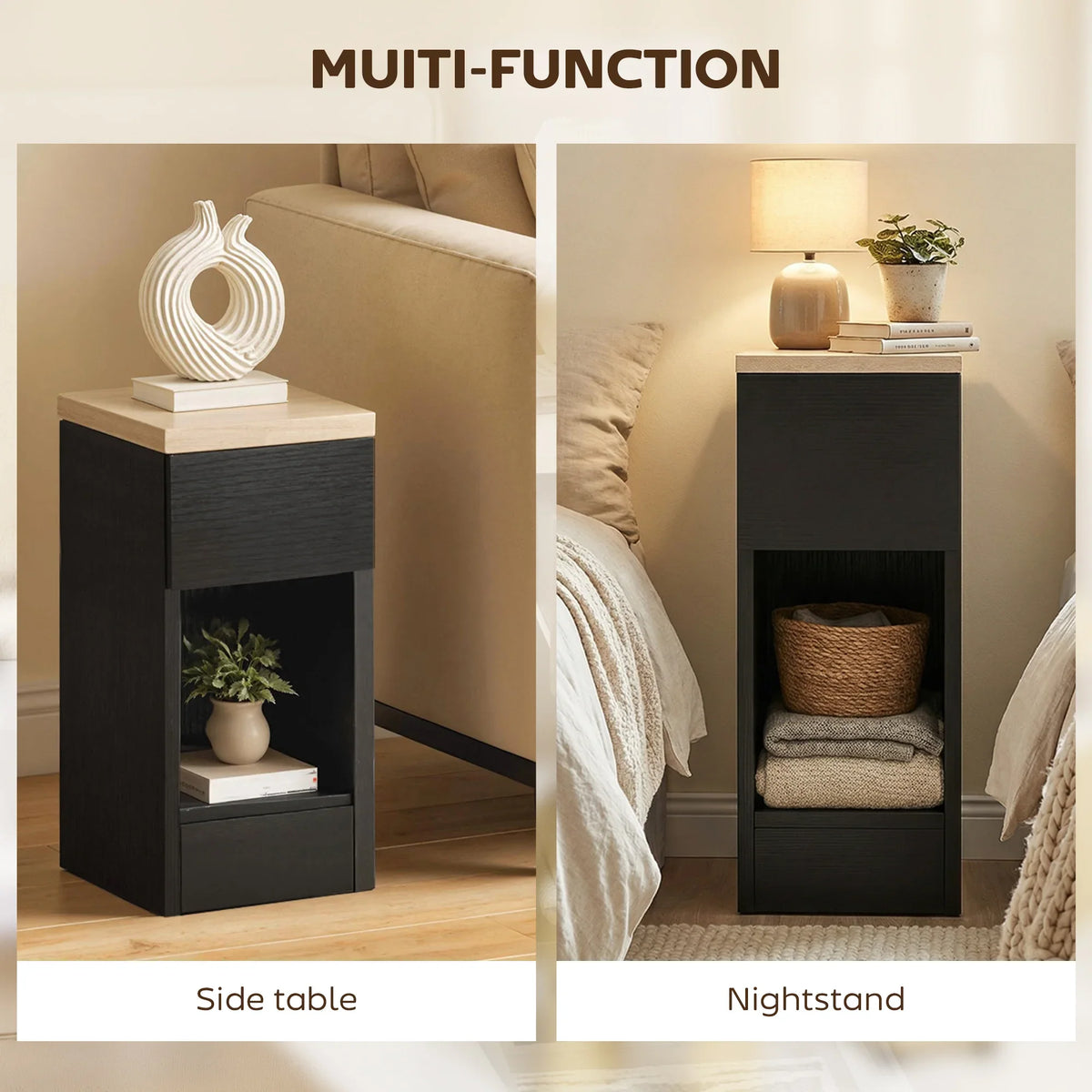 Black nightstand storage table with wood-effect top and open shelves for decor