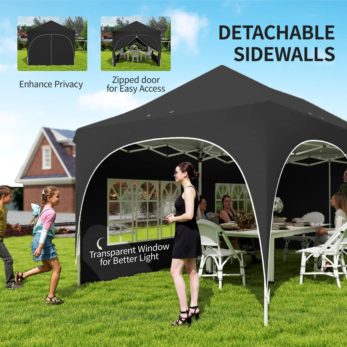 Outsunny black gazebo with detachable transparent-window sidewalls and zippered door