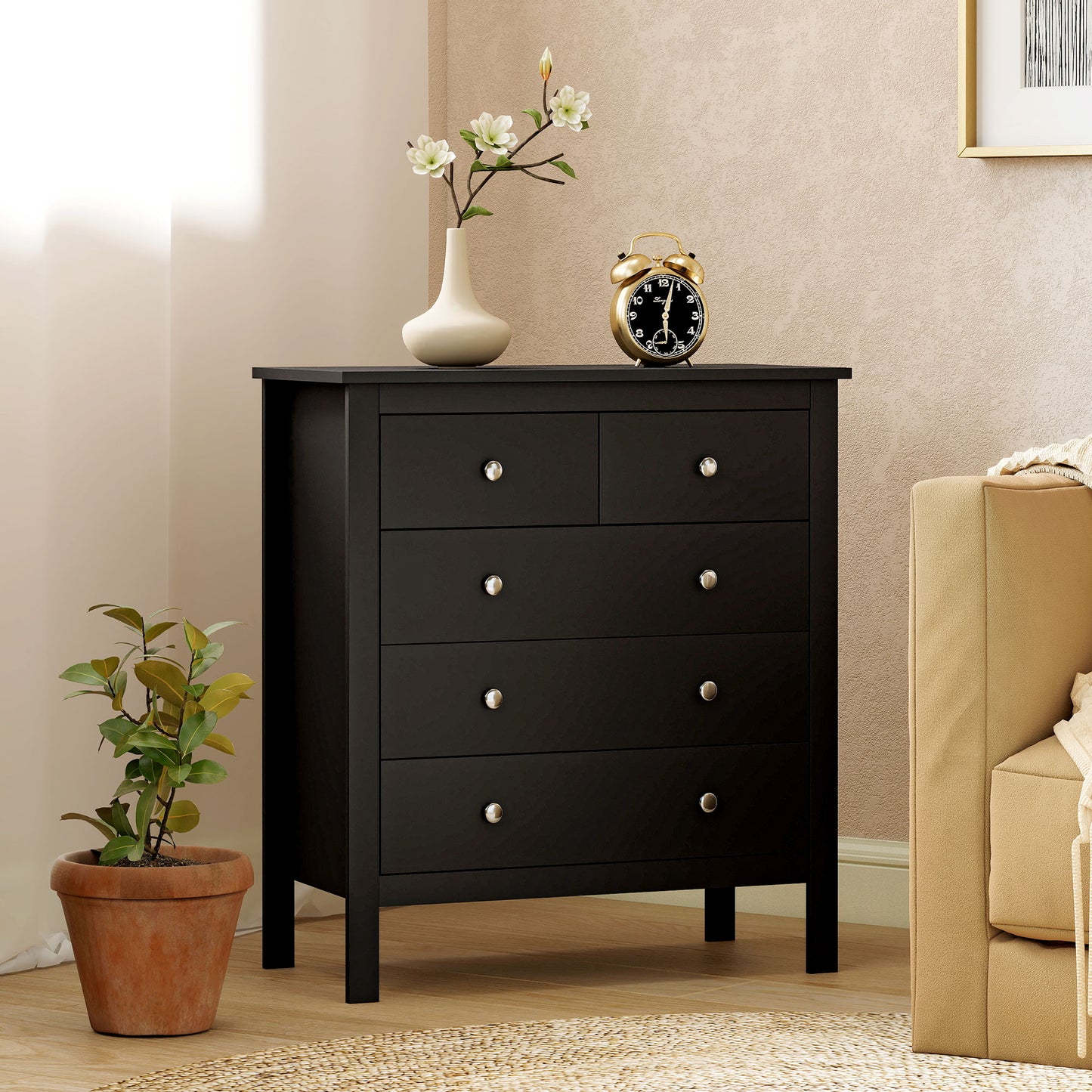 HOMCOM Five Drawer Dresser Chest of Drawers in Black for Bedroom Living Room Hallway with Round Knobs