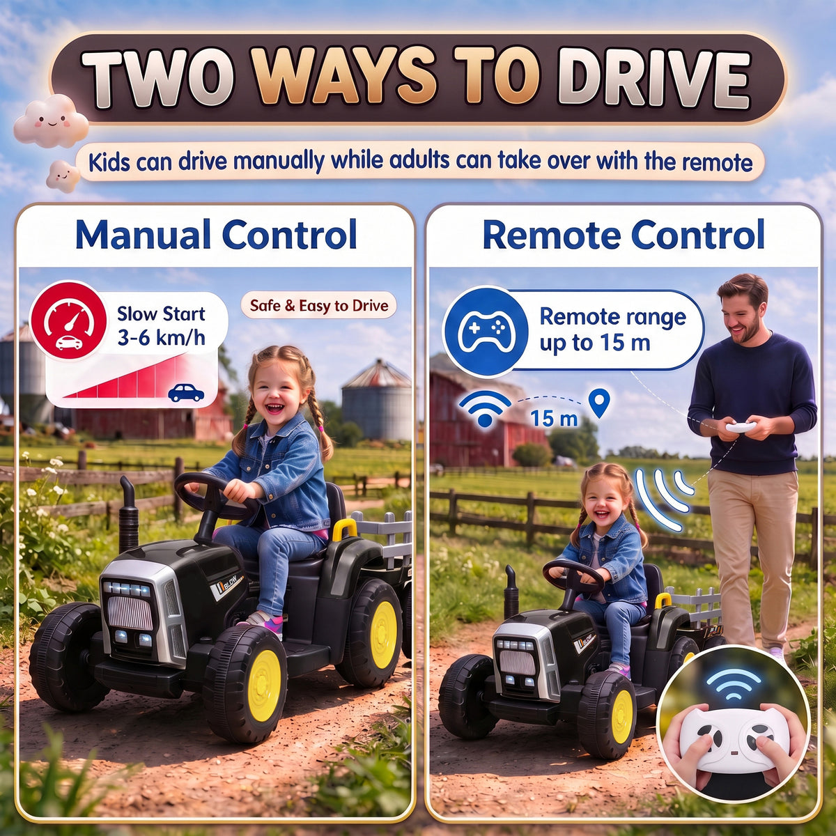 HOMCOM 12V Kids Electric Ride On Tractor With Remote And Trailer