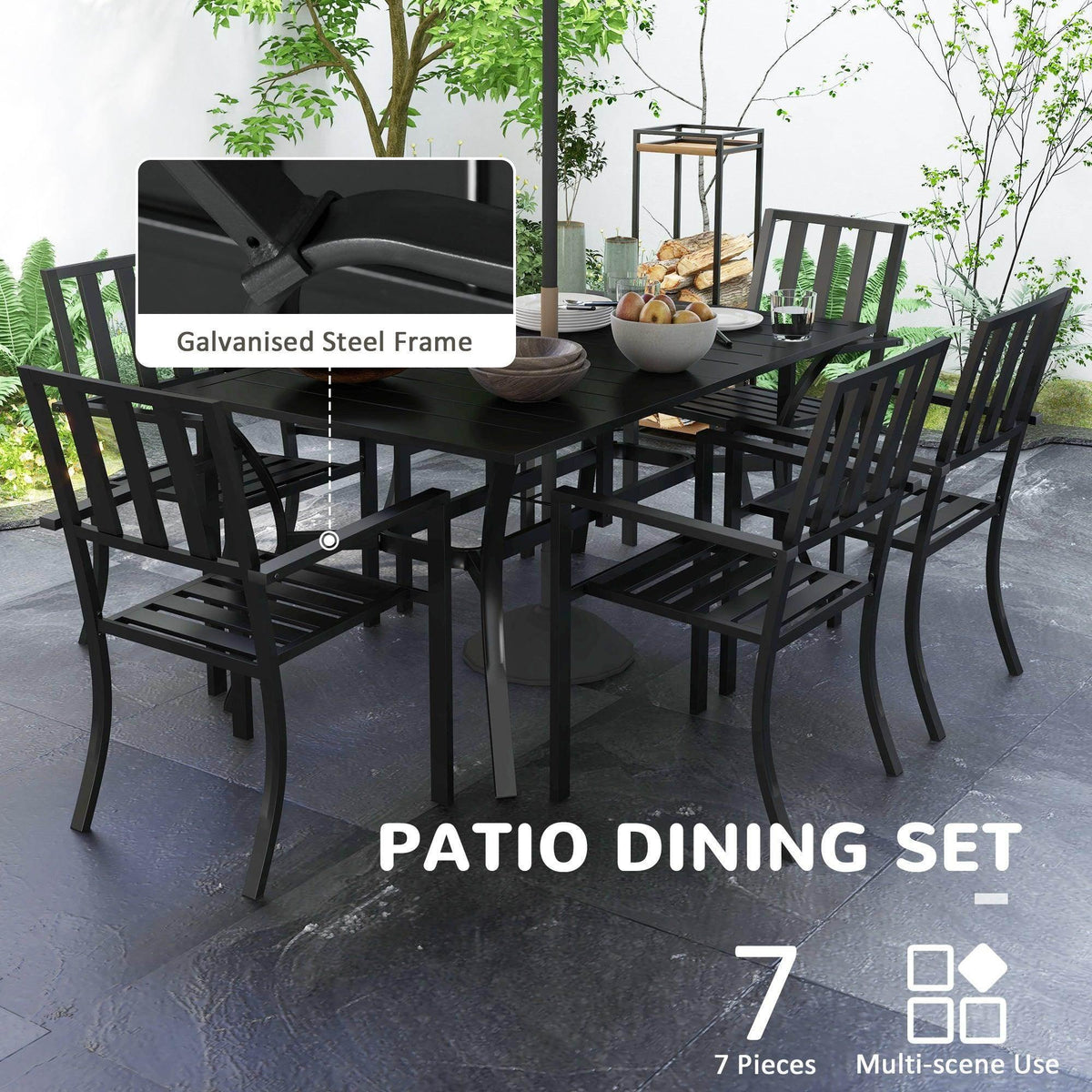 Black patio dining set with galvanised steel frame, table and six slatted chairs.