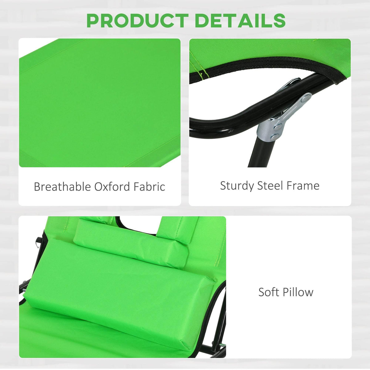 Green fabric sun lounger with soft comfort pillow and sturdy steel frame