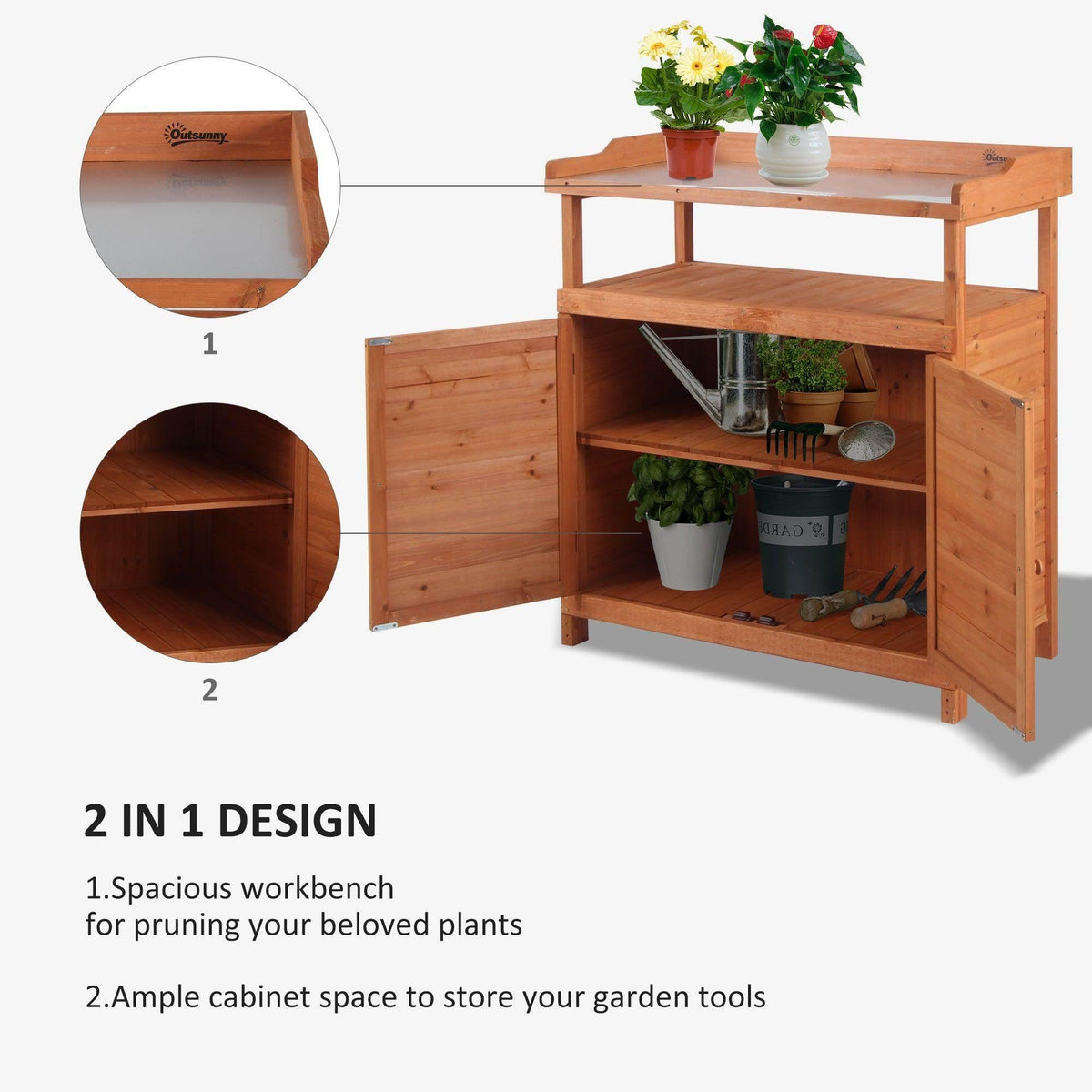Wood potting bench with open cabinet shelves and worktop for potted plants