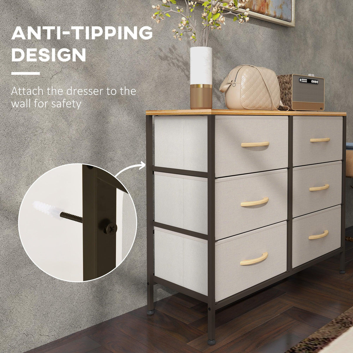 Cream fabric 6-drawer dresser with wooden top, anti-tip wall-mount bracket detail