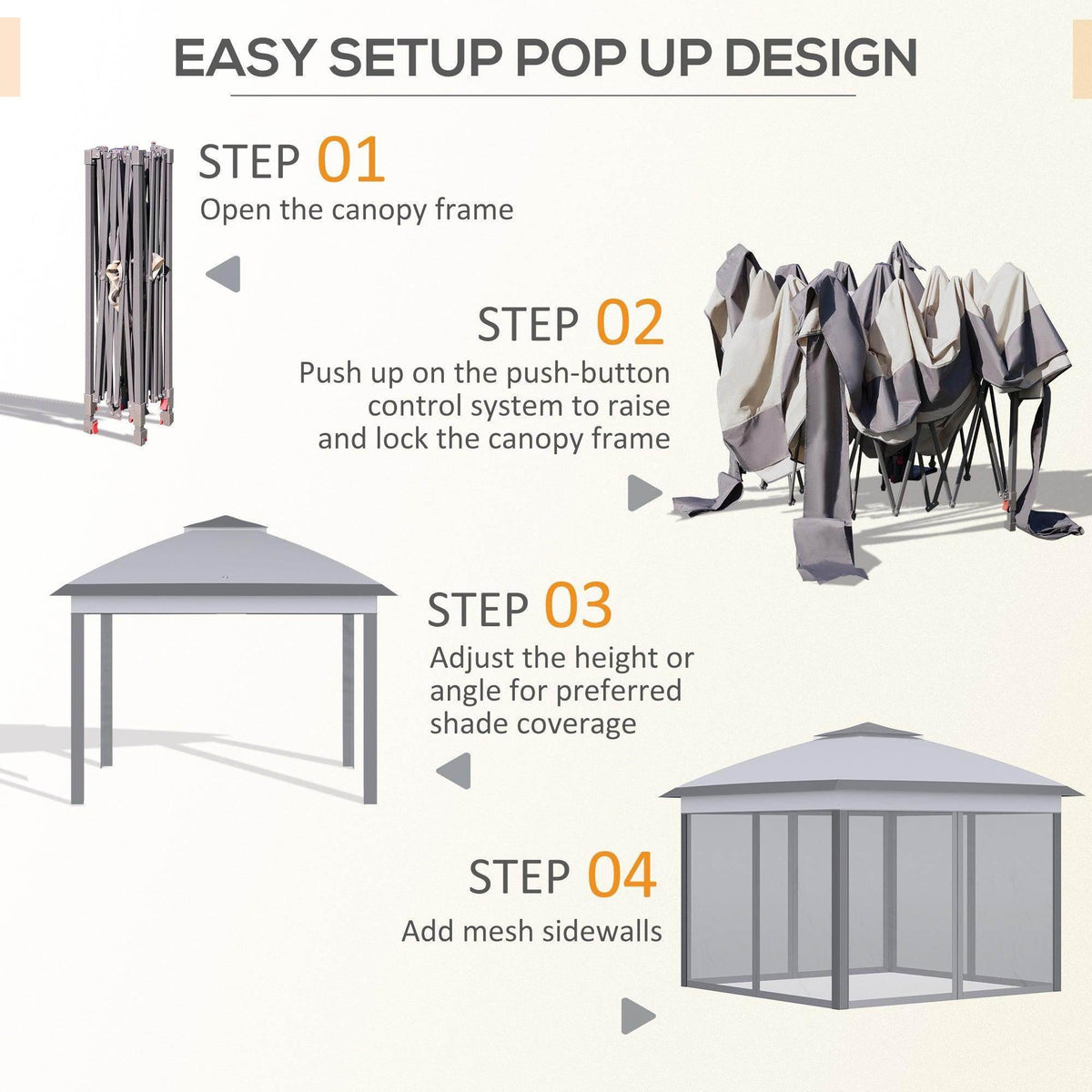 Pop-up gazebo frame with canopy cover and mesh sidewalls shown in setup steps.