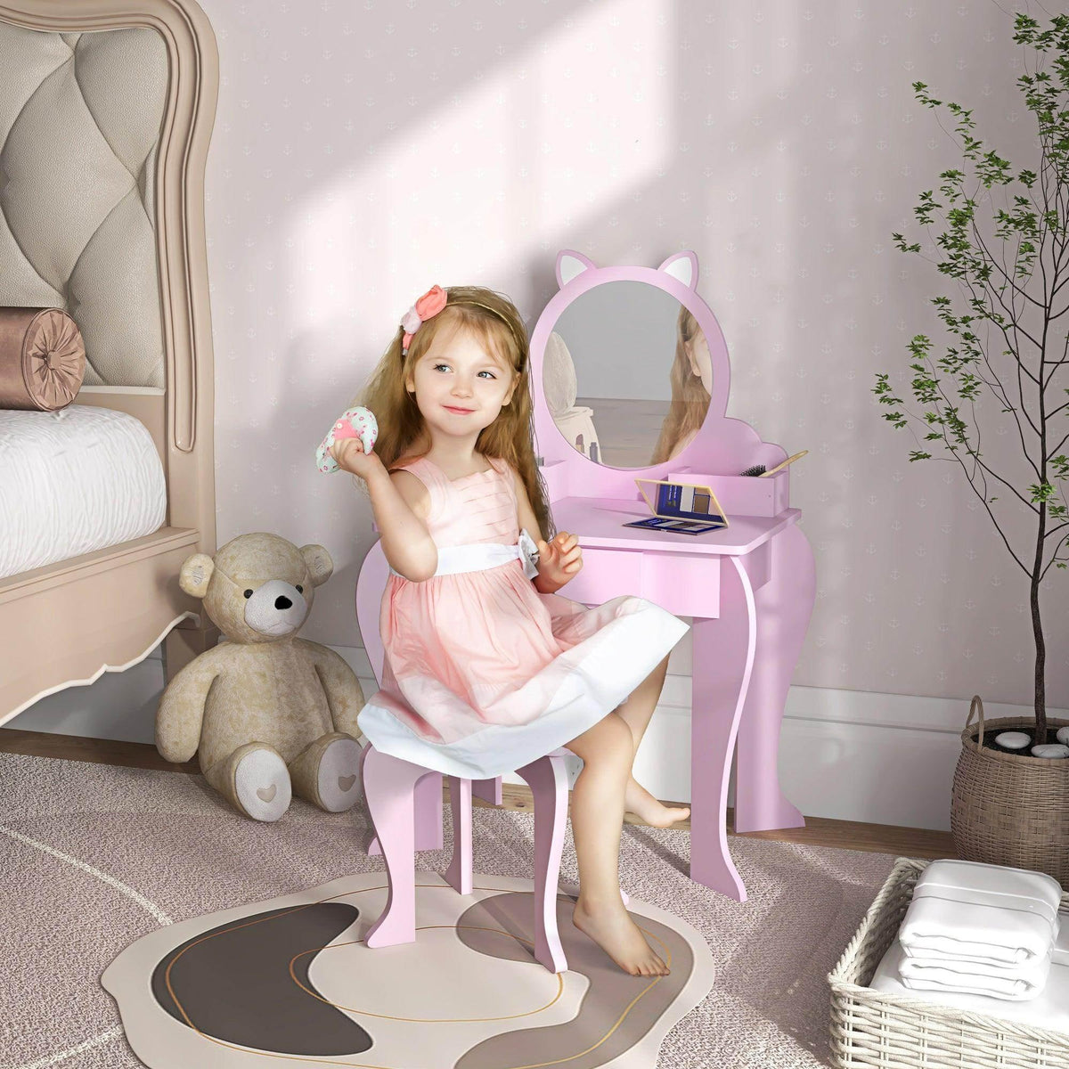 Kids vanity table set in pink with cat-shaped mirror and stool
