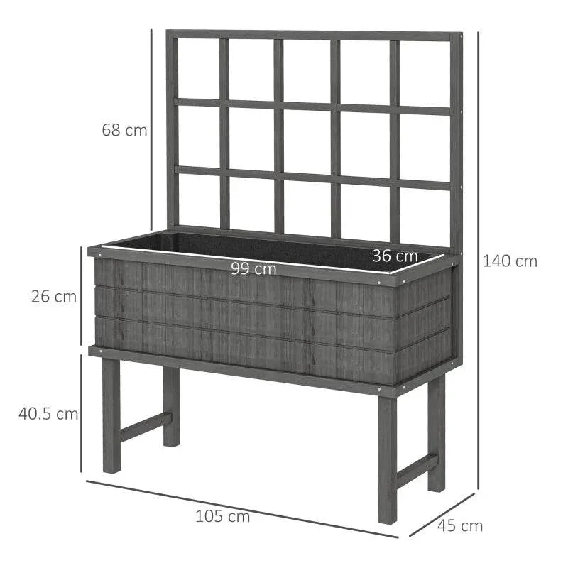 Grey wooden raised garden planter with trellis frame, open bed and support legs