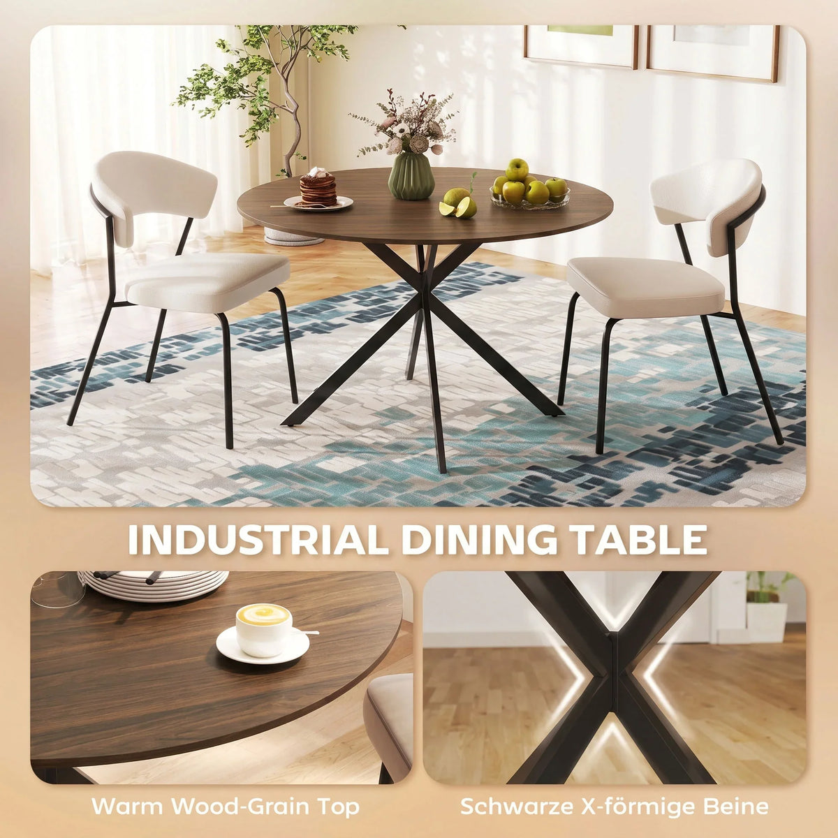 Round dining table with dark brown round top and black X-shaped steel legs.