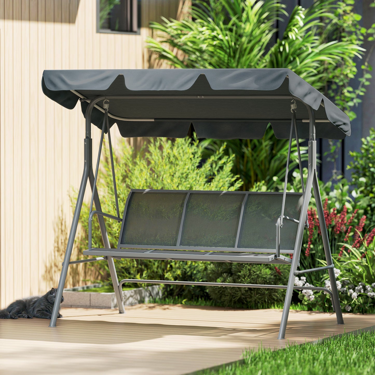 Outsunny 3 Seater Swing Chair, Garden Swing Bench with Adjustable Tilting Canopy, Breathable Mesh Seat and Heavy Duty Metal Frame for Patio, Garden, Dark Grey