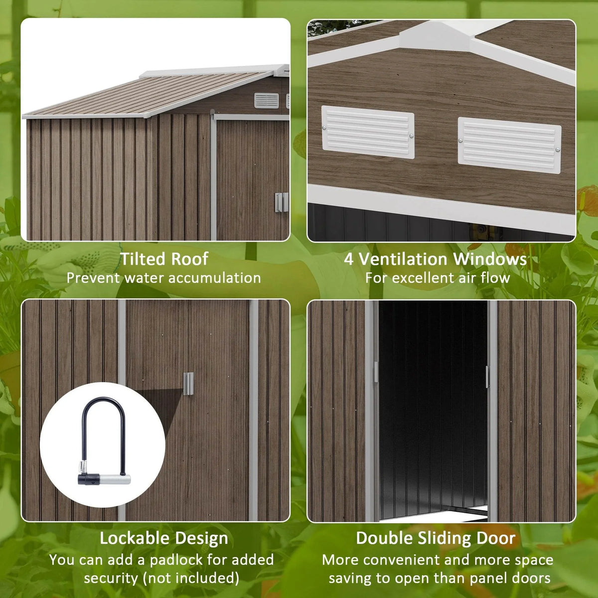 Brown metal storage shed with vent windows, lockable design, and double sliding doors