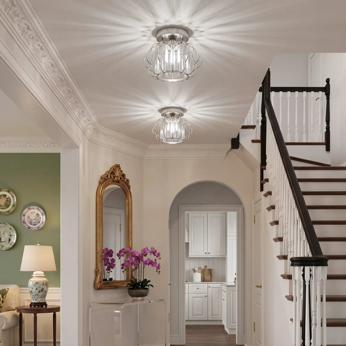 Silver semi-flush ceiling light with clear crystal bars and curled metal frame