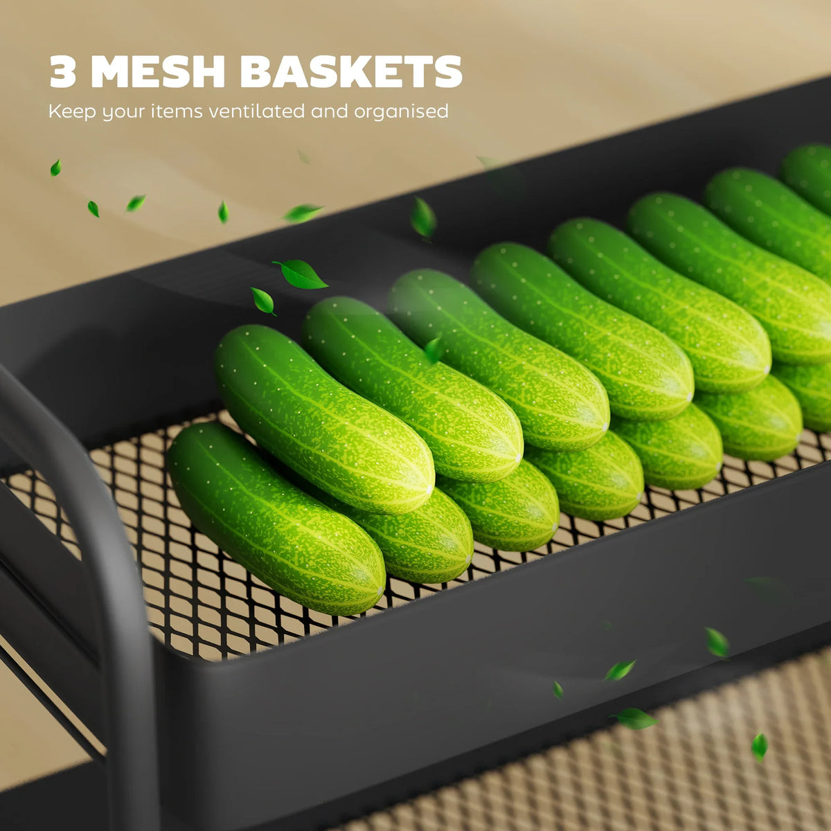 Black mesh basket shelf with green zucchini on a three-tier rolling trolley