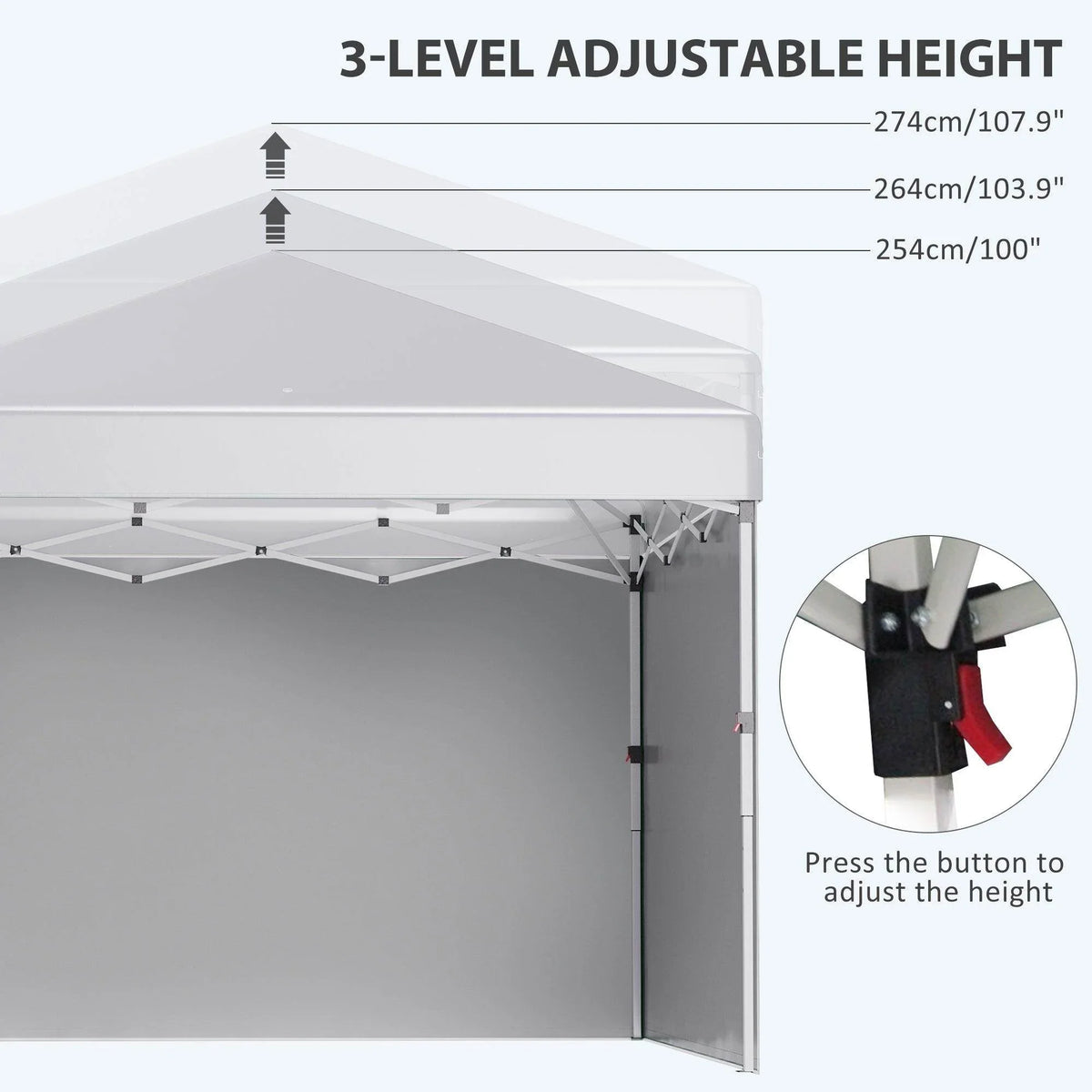 White pop-up gazebo with adjustable 3-level height frame and sidewall panel detail.